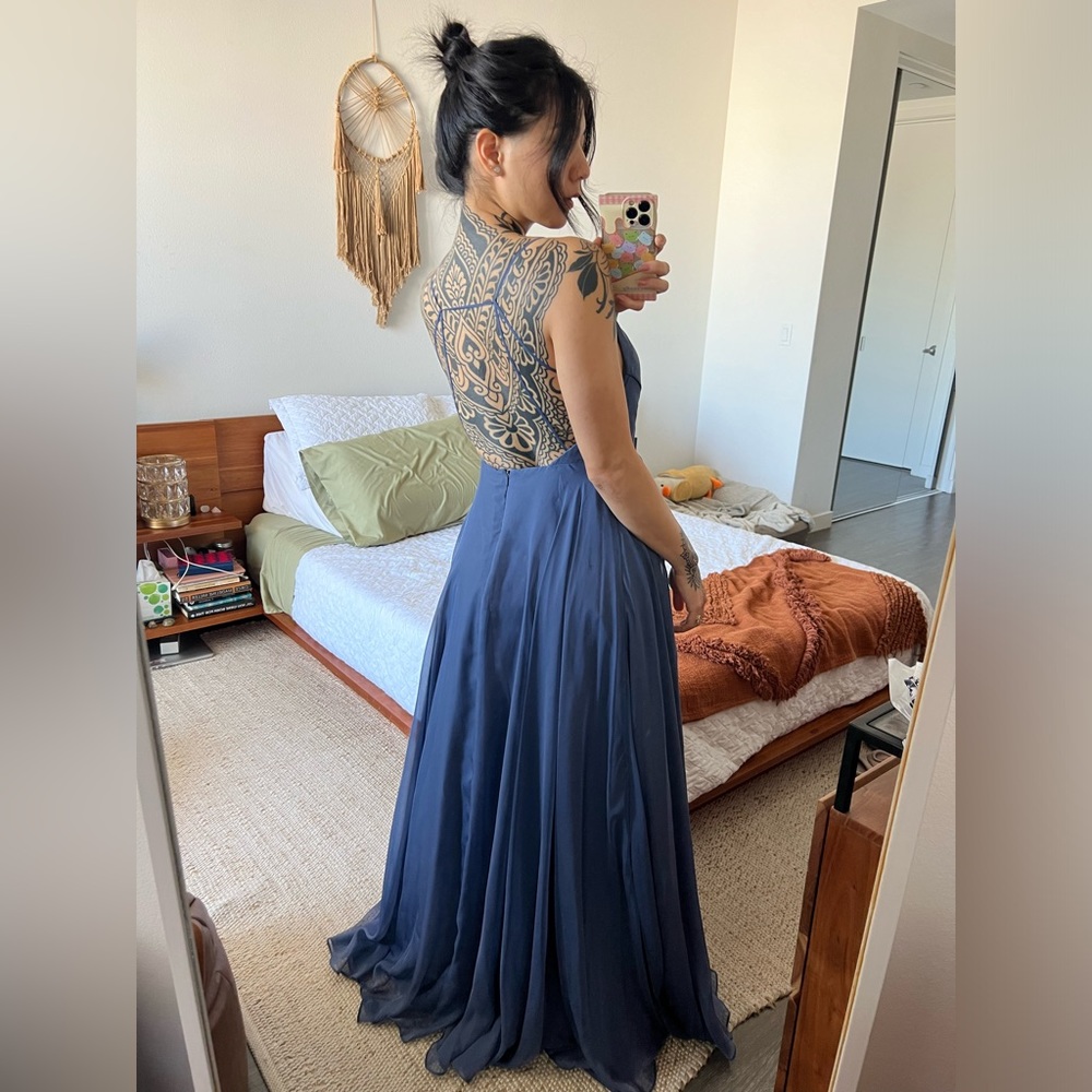 Renzrags open back dusty/steel blue chiffon bridesmaid gown